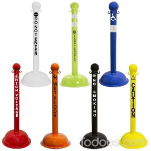 3 Inch Diameter Plastic Stanchions with Safety Labels Color Variants