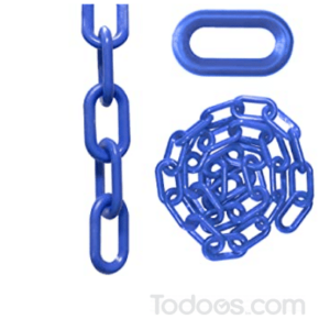 Blue plastic chain on a reel is available in 3/4", 1", 1.5", 2", 2" Heavy Duty, and 3" Wide Sizes
