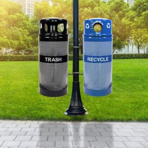 Landscape Series Dome Top Outdoor Trash Receptacles mounted on a pole