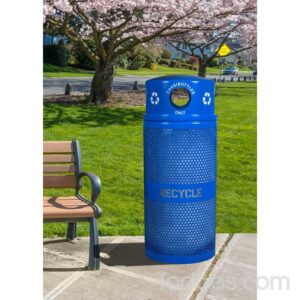 This is a stainless steel 34 gallon capacity recycling bin with a dome top designed for heavy outdoor use.