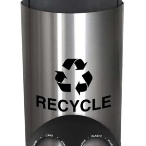 brushed stainless steel three stream recycling bin with a black lid