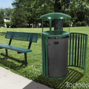 Streetscape Outdoor Waste Receptacle with Rain Bonnet In A Park