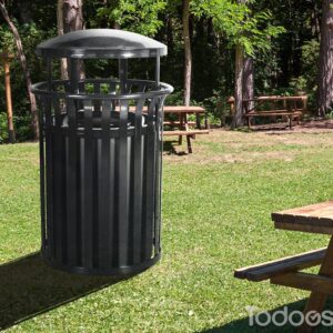 Streetscape outdoor trash cans have heavy-duty metal slats around the outside and an integrated leakproof liner for collecting waste