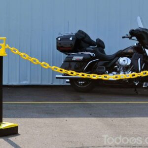The plastic stanchion post comes with a detachable 19" x 19" x 5" high triangle-shaped base equipped with a refillable water bladder that can hold approximately two gallons of water that adds even more stability