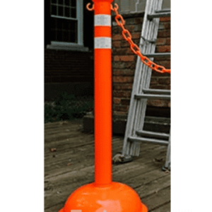 3 Inch Diameter DOT Striped Plastic Traffic Control Stanchion Installed In Workshop