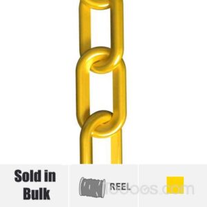 Yellow plastic chain on a reel is available in 3/4", 1", 1.5", 2", 2" Heavy Duty, and 3" Wide Sizes.