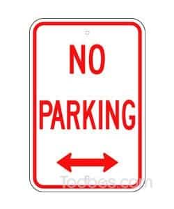 MUTCD compliant No Parking Sign, with Arrow can be installed on a post, fence, or wall.