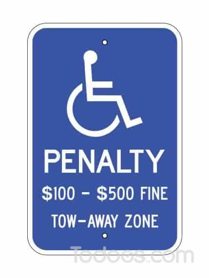 Handicap Penalty $100-$500 Fine Tow-Away Zone Sign (Virginia)
