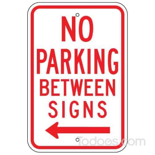 No Parking Between Signs, with Left Arrow