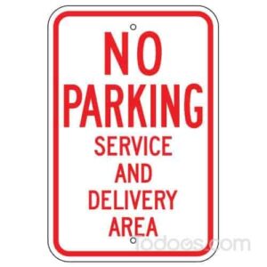 MUTCD compliant No Parking Service and Delivery Area Sign can be installed on a post, fence, or wall.