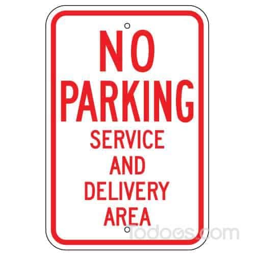 MUTCD compliant No Parking Service and Delivery Area Sign can be installed on a post, fence, or wall.