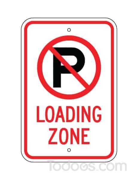 MUTCD compliant No Parking Symbol, Loading Zone Sign can be installed on a post, fence, or wall.