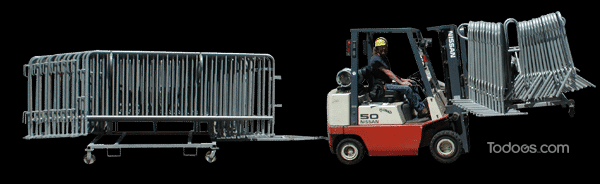 The expanded capacity of this cart allows a forklift to pull a cart of 28 barriers and lift a second cart of 28 barriers at the same time.