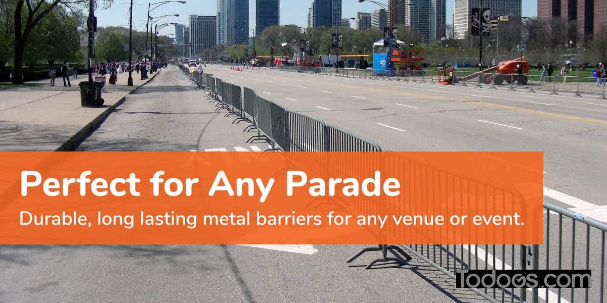 10 Pack Angry Bull Barricades Heavy Duty Crowd Control Metal Interlocking Barricade with Flat No-Trip Feet Safety Orange 8.5 Ft. 