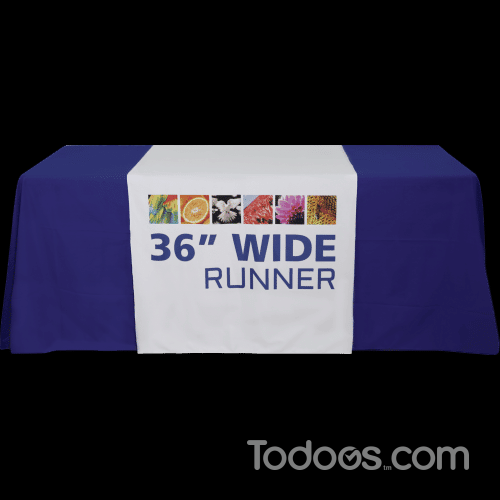 You can easily add a professional, branded appearance to any tabletop display by using a table runner.