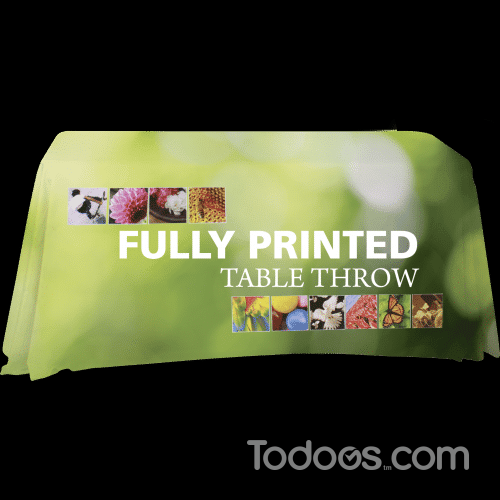 A fitted table throw provides a polished, customized, and branded appearance for use at trade shows and in retail