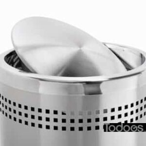 The indoor round trash can is constructed from recycled heavy gauge 304-grade stainless steel