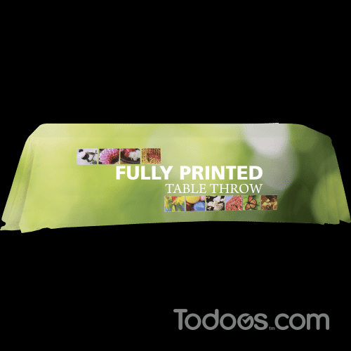 Using a fitted table throw at trade shows or at retail creates a polished, personalized, and branded look