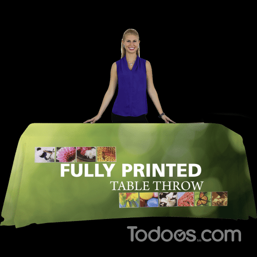 An elegant, customized, and branded look can be achieved by using a fitted table throw at trade shows or in retail