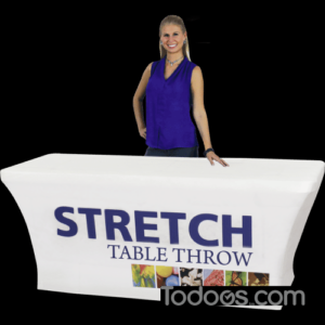 Table throws are fully-printed on washable polyester using dye-sublimation and include a back zipper for easy application.