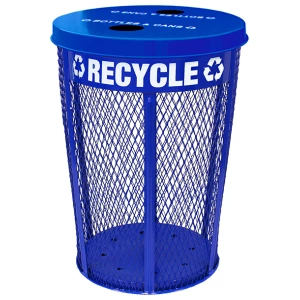 Witt exp steel outdoor mesh blue comes standard with a flat top lid with openings perfect for single stream recycling and decals.