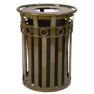 Metal receptacle with flat top lid. Made of durable flat-bar steel to defer graffiti.