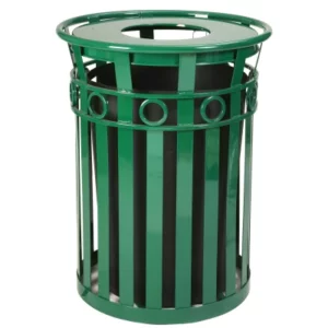 Witt oakley decorative steel outdoor trash can comes with leveling feet, plastic liner, lid attachment kit and anchor kit.