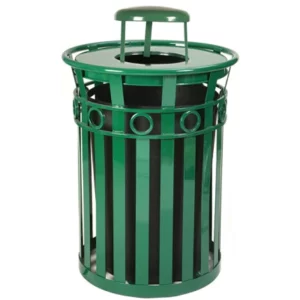 Witt Oakley Decorative Steel Outdoor Trash Can with Rain Cap Lid Comes with leveling feet, plastic liner, lid attachment kit and anchor kit.