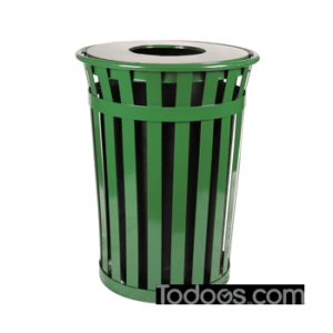 Outdoor waste receptacle made of durable, long-lasting flat bar steel that is a deterrent for graffiti