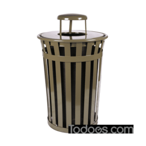 Outdoor waste receptacle made of durable, long-lasting flat bar steel that is a deterrent for graffiti with a metal band at the top that adds strength.