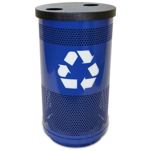 Stadium Series perforated steel recycling receptacle with a recycle flat top lid with 2 round openings.