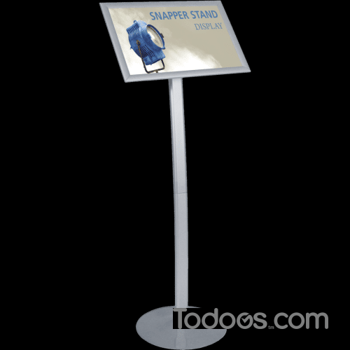 The Snapper Sign Stand is an attractive, stylish, snap-open 11in x 17in frame mounted on a silver aluminum stand to serve as a podium for any signage or display.