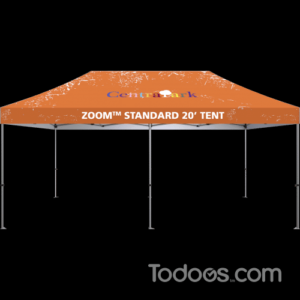 The rust-resistant aluminum frame is lightweight and stable, and vibrant stock and custom printed canopies are designed to withstand the elements.