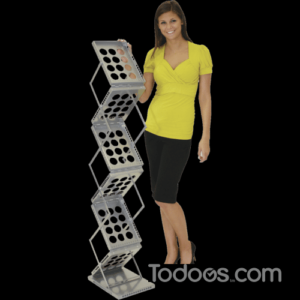 ZedUp 1 is an easy to use literature rack with six pockets to hold printed materials, available in black or silver finishes
